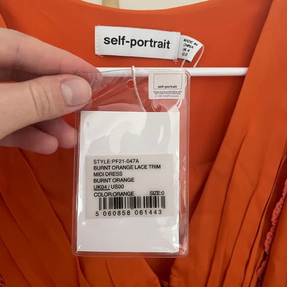 NWT SELF-PORTRAIT Lace Trim Satin Twill Ruffle Midi Dress In Orange Size 0 UK 4 - Picture 7 of 11